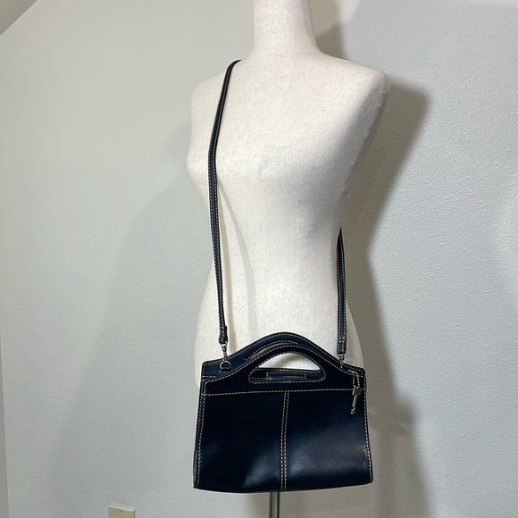 Fossil Black Leather White Stitching Satchel Crossbody #75082